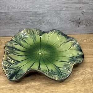 Vintage Lily Pad Plate 14” Global Views Ceramic Green Drip Glaze Wall Table